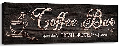 Pigort Kaffee-Bar-Schilder für Küche, Leinwand, Wandkunst für Kaffee, Bar, offen, täglich, frisch gebrüht, Selbstbedienung, rustikale Holzmaserung, Kaffeestation, Dekoration, 14 x 41 cm