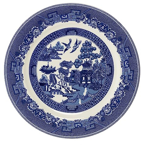 AuraHome Blue Willow Breakfast Plate 23cm 9 Inches Diameter Glazed Iconic Elegant Blue-Printed Scene on White Porcelain Depicts Nature Historical Imagery Collectible