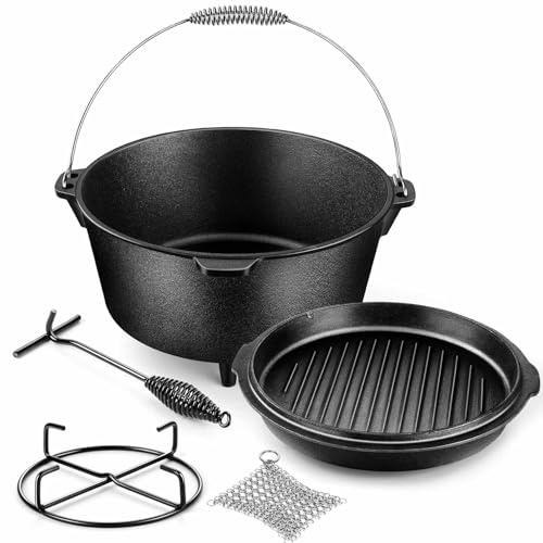 Joyfair Pre-seasoned Cast Iron Dutch Oven Set - 7.6QT Pot & 2QT Lid, Camp Dutch Pot & Griddle Skillet, Includes Lid Lifter/Iron Stand/Cleaner, For Stewing and Baking Sourdough Bread