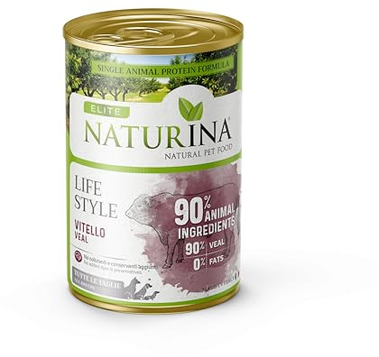 NATURINA - Elite húmedo Life Style para perros adultos ternero con espelta y coliflor, poco trigo, sin conservantes ni colorantes, para todos los tamaños, fabricado en Italia, 12 latas de 400 g
