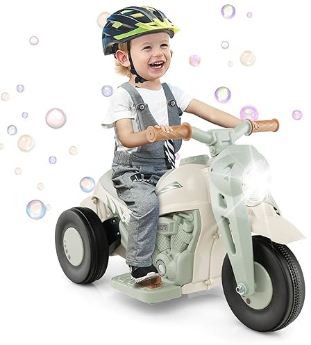 GOPLUS 6V Kinder Motorrad mit Seifenblasenfunktion, Kinder Seifenblasenauto mit Musiktasten, LED Scheinwerfern & Seifenblasenmacher, Kindermotorrad für Kinder ab 3 Jahre, 2,5-3 KM/H (Beige)