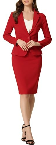 Allegra K dam 2-delat kostymset business casual långärmad kavaj och pennkjol, röd/utflykt, enfärgad (Getaway Solids), M