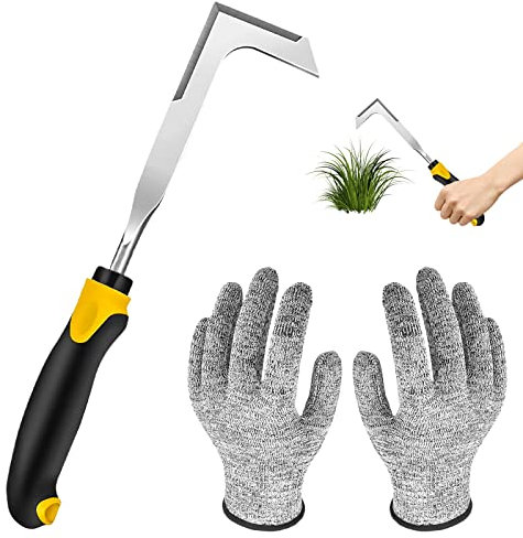 Unkrautmesser Fugenkratzer Edelstahl, Aicharynic Fugenkratzer mit Stiel Unkrautstecher zum Entfernen von Moos und Unkraut in Plattenfugen, mit einem Paar Handschuhe