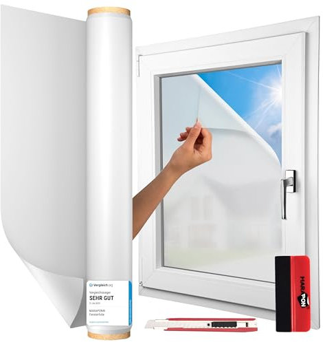 MARAPON Fensterfolie Blickdicht in Matt 0,30x4 m Set inkl. Rakel Cutter 10 Klingen Statisch haftende Sichtschutzfolie Fenster Milchglasfolie für Privatsphäre und UV Schutz oder Fensterdekoration