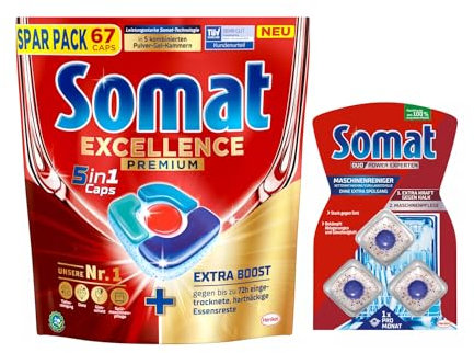 SOMAT 5in1 Caps 67 AW Excellence Premium, schnellauflösende Spülmaschinentabs mit Extra Boost, entfernen hartnäckige Essensreste + Somat Duo Power Experten 3 AW Maschinenreiniger 57g
