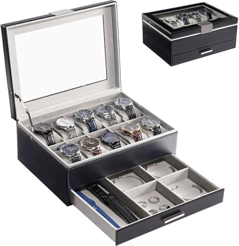 ProCase Porta Orologi Donna con Cassetto 10 Slot, Scatola Portagioie a 2 Livelli, Cofanetto Portagioielli per Orologi Bracciali Collana Orecchini Anelli -Nero