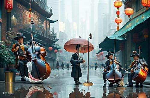 ZHAOSHAN Leinwandbilder, Poster, 58 x 90 cm, ohne Rahmen, drei Chinesen mit dem Kontrabass