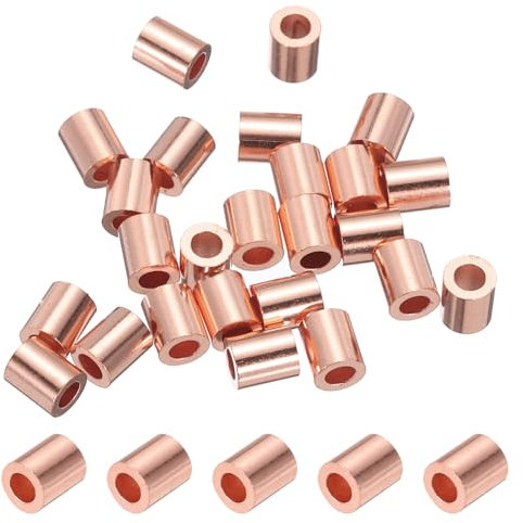 PATIKIL 2,5mm (3/32) Manicotti Arresto per Fune Metallico, 25 Pezzi Estremità del Manicotto ad Anello Crimpatura Rame Ghiera Crimpatrice per Cavi Metallici, Tono Oro