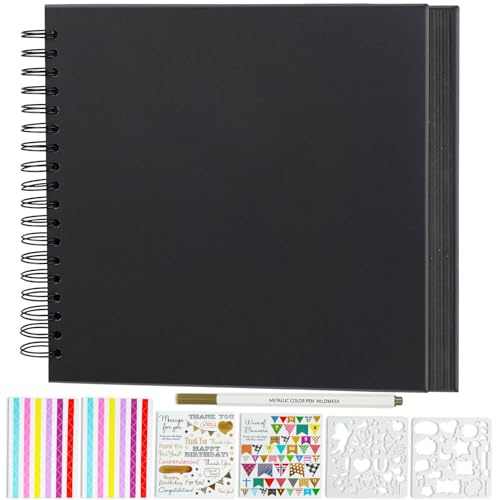 Miaikoe Álbum de recortes de 12.4 x 12.4 pulgadas, tapa dura, papel kraft en blanco, con 40 hojas, libro de recuerdos para familia, boda, fotografía, aniversario (negro)