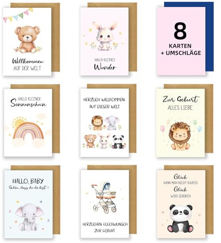 WenmthG 8 x Hochwertige Karte zur Geburt mit Umschläge - Glückwunschkarte zur Geburt Jungen Mädchen - Baby Karte Geburt