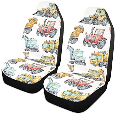 Aquarell LKW Und Autos Rot Traktor, Bagger, Betonmischer Auto-Schonbezug Coole Schonbezug Autositz Vorne Klassisch Vordersitzbezüge Für Meisten Limousinen SUV 2-Piece Set