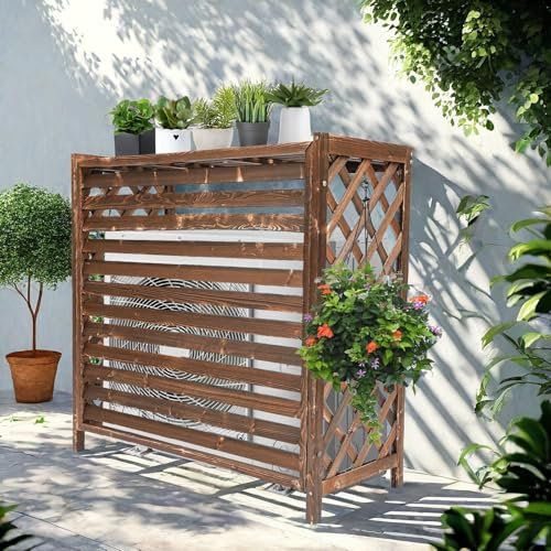 Madera Aire Acondicionado Al Aire Libre Marco, Cubierta De Aire Acondicionado, Paneles De Valla De Privacidad, Aire Acondicionado Split Cubiertas, Diseño De Persiana, Ideal Para Patios Y Jardines(Medi