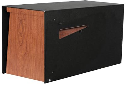 Ilyapa Modern Mailbox for Post Mount - Black Powder Coated Metal Mailbox with Ash Wood Door - Waterproof for Parcels, Recessed Magnetic Close Door
