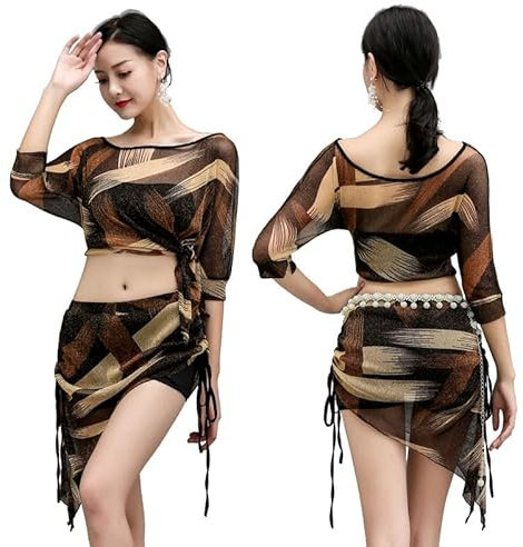 ZSXPBZL Bauchtanz Hüfttuch,Bauchtanz,Bauchtanz Gürtel Bauchtanzübungskleidung for Frauen Net Garn Bauchtanz Kostüm Top und Hip Schal Training Anzug Tanzwear(Brown)