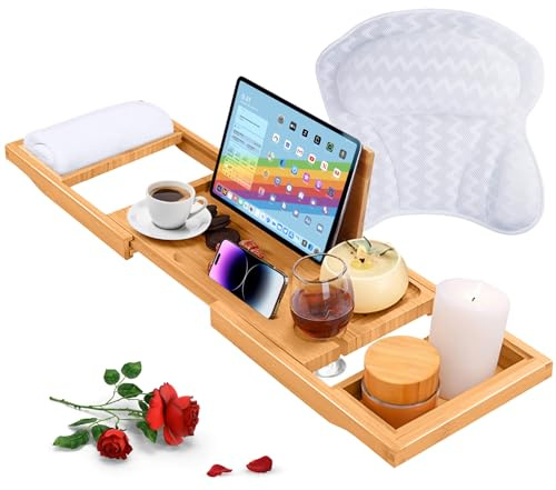 ADOV Bamboo Bath Tray and Ergonomic Bath Pillow Set, Adjustable Wooden Bathtub Caddy with Book, Tablet & Glass Holder, Non-Slip 4D Air Mesh Cushion for Neck, Head & Back Support, Home Spa Accessory