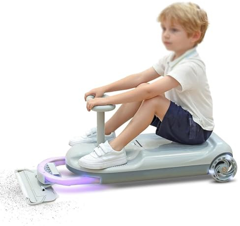 Kart de nettoyage pour enfants, chariot de nettoyage de sol portable, kart de nettoyage rétractable à 5 vitesses variables avec tige de direction à roulement, roues lumineuses et rangement