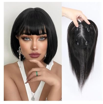 Toupet-Haare für Frauen, Echthaar-Topper for Frauen, mit Clips in geraden Echthaarstücken, 9 x 14 cm, Schweizer Spitzenbasis, Haaraufsätze for dünner werdendes Haar/Haarausfall,für den täglichen Gebr
