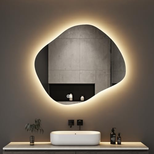 Boromal Asymmetrischer Spiegel mit Beleuchtung LED Badspiegel mit Beleuchtung 74x64cm LED Spiegel mit Licht Badezimmerspiegel mit Touch-Schalter, Dimmbar, 3 Lichtfarbe Einstellbare