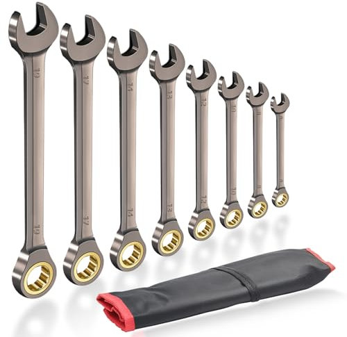 HNCY Set Chiavi a Cricchetto 8 pezzi, Set di Chiavi Combinate, 72 Denti Chiave a Cricchetto, Chiave Inglese a Cricchetto Metriche da 6 a 19 mm, Acciaio Cr-V, Nichelatura con Borsa di Stoccaggio