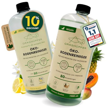 2er Set GRASHÜPFER® Öko Bodenreiniger für Wischroboter [ZITRUSBLÜTE & TROPISCH] - Wischroboter Reinigungsmittel kompatibel mit Roborock, Dreame, Ecovacs & Co. für Laminat, Parkett, Fliesen - 2x1000 ml