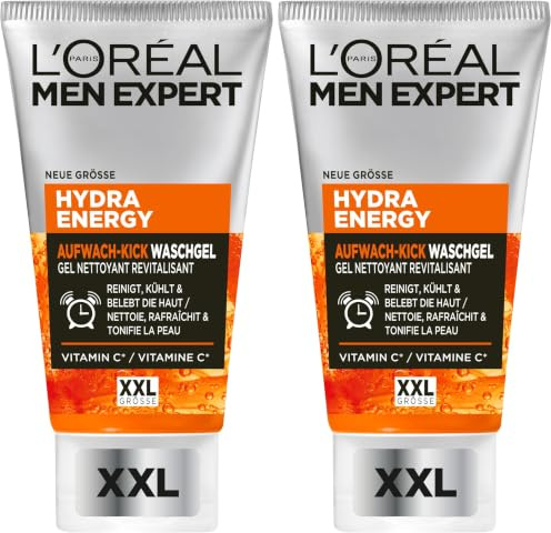 L'Oréal Men Expert XXL Gesichtsreinigung gegen müde Haut für Männer, Erfrischendes Waschgel gegen Unreinheiten, Herren Cleanser für das Gesicht mit Guarana und Vitamin C, Hydra Energy, 1 x 150 ml