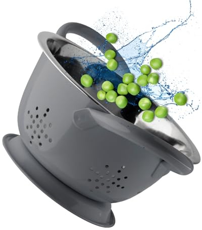 Stainless Steel Mini Colander - Durable & Rust Resistant Drainer with Perforated Drainage Holes & Ergonomic Side Handles. Strainer for Pasta, Veggies & Fruits. 15cm Dia x 8.6cm. Graphite Colour
