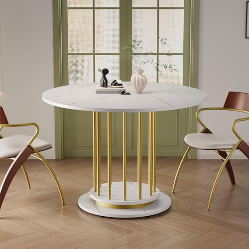 YuQozii Runder Esstisch mit Marmoroptik Modernes Design mit Metallgestell, Platzsparender Küchentisch für 2–4 Personen, Perfekt für Esszimmer oder Wohnzimmer (Weiß+Gold)
