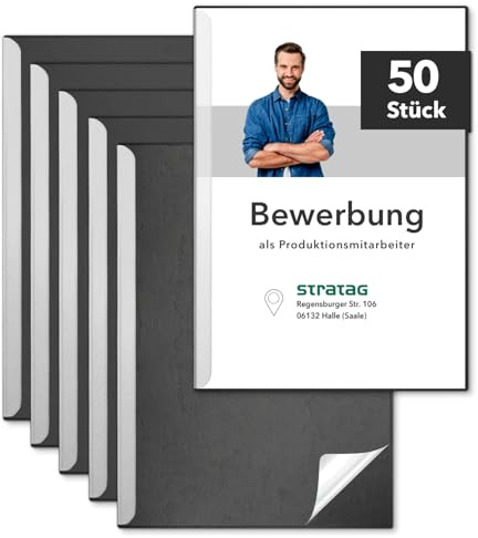 STRATAG Klemmschienen-Bewerbungsset Start Basic (Schwarz, 50 Stück) mit transparentem Deckel aus Kunststoff sowie Binderücken aus robustem 290 g/m² Karton Lederstruktur (50 Bewerbungsmappen Schwarz)