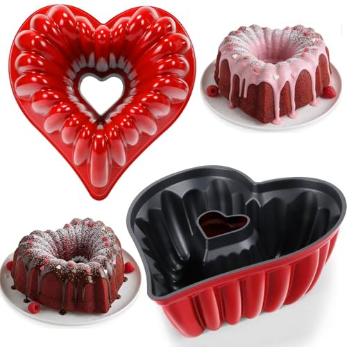 Layhit 1 Pcs Valentine 10 Inches Heart Shaped Fluted Cake Pan Aluminum Heart Cake Pan Non Stick Oven Baking Mold for Valentine Birthday Wedding Family Party Kitchen Accessories (Red)