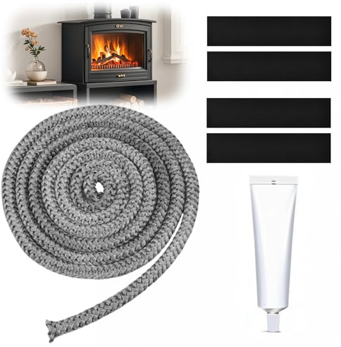 Φ14mm x 3M Junta Refractaria Chimenea, Cuerda de Sellado de Fibra de Vidrio para Chimenea, Cordón de Sellado para Chimenea, Junta de Cuerda para Estufas de Leña con Pegamento Ignífugo y 4 Cinta Final