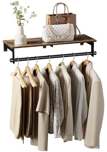 Luxspire Clothes Rack 28.7inch, Wall Mounted Garment Racks with Top Shelf for Hanging Clothes, Heavy Duty Industrial Pipe Garment Rack, Laundry Room Shelves Closet Storage, Black + Brown