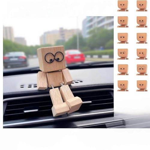 Schüttelmann Holz Auto mit 12 magnetischen Gesichtern, Wackelnder Holzmann Auto-Dekor, Handgefertigte Wackelfigur Auto für Armaturenbrett & Schreibtisch, Lustiges Dashboard Accessoire mit Wackel