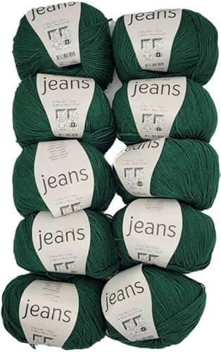 10 x 50g Ilkadim Export Jeans Strickgarn einfarbig – 500g Baumwolle Acryl Garn, 1600m Lauflänge, weiches Häkel- & Strickgarn, Nadelstärke 3,5 (grün 92)