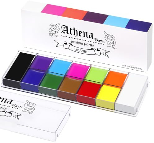 UCANBE Athena Basic Face Body Paint Oil Palette, 12 Color Large Black White Professional Face Painting Makeup Kit, Facepaint Pallet for Halloween SFX Party Art Stage Costume Cosplay Clown Goth Make Up