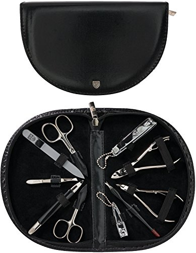 DREI SCHWERTER Germany Maniküreset Nagel Set 'Brescia' - 10-tlg. | edles schwarzes Kunstleder | Inhalt: Nagelschere, Nagelzange, Glasnagelfeile und vieles mehr
