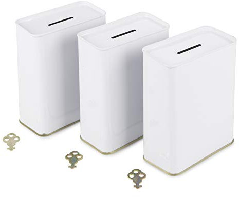 Pack of 3 White Tin Donation Box Money Holder Can with Lock - Blank - one Key