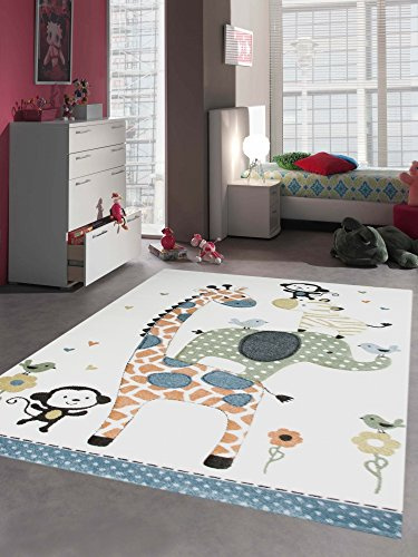 CARPETIA Teppich Kinderzimmer Babyzimmer Zootiere AFFE Giraffe Elefant Zebra blau grün Größe 200 x 290 cm