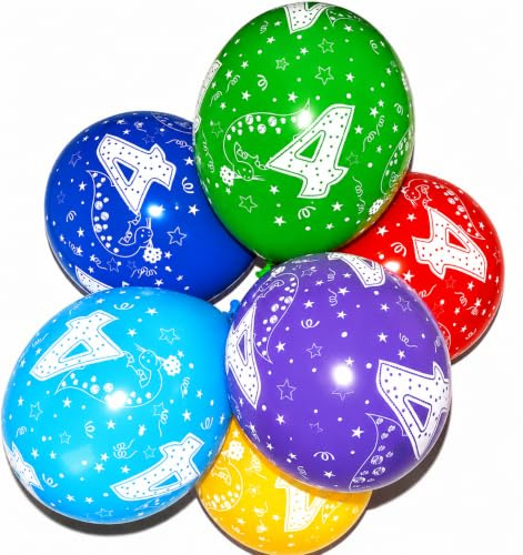 Happium 12 Latex-Luftballons, sortiert, Alter 4, Geburtstagsballons Nummer 4, Packung mit 10 mehrfarbigen Dinosauriern