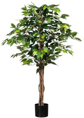 kunstpflanzen-Discount.com Ficus Kunstbaum 125cm mit 654 grüne Blätter und Naturstämme - Künstlicher Ficusbaum Benjamini