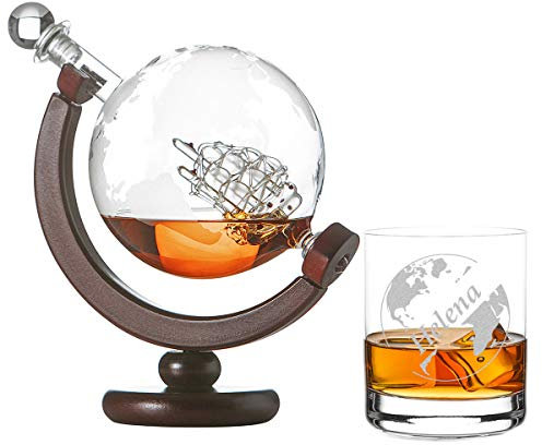 polar-effekt Set à whisky bateau à voile avec carte du monde – 1 verre à whisky tumbler avec gravure motif globe – Bouteille Scotch décanteur en verre 850 ml – Idée cadeau pour Noël