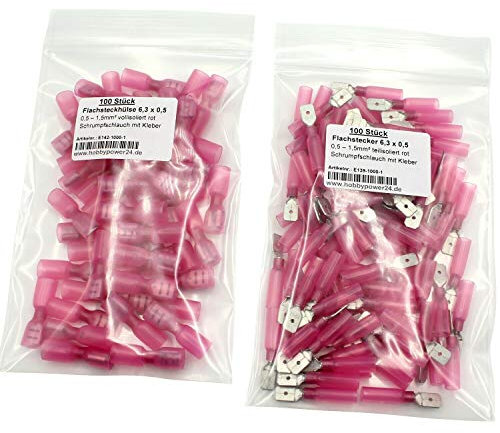 100x Flachstecker männlich + 100x Flachsteckhülsen weiblich Steckbreite 6,3 mm in rot 0.5-1.5mm² als SET 200 Stück Kabelschuhe Steckverbinder mit Schrumpfschlauch vollisoliert, teilisoliert