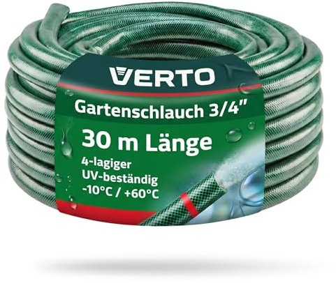 VERTO Gartenschlauch 3/4 Zoll, 30 m Länge, 4-lagiger, UV-beständig | Flexibel Schlauch, Wasserschlauch mit Anti-Algen-Innenausstattung, 24 bar Berstdruck, Grün