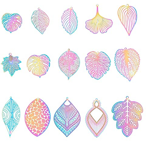 UNICRAFTALE 30 Stück 15 Stile Blatt Charms Mehrfarbige Edelstahl Filigrane Anhänger Metall Charms Regenbogenfarben Schmuck Anhänger Für Die Schmuckherstellung