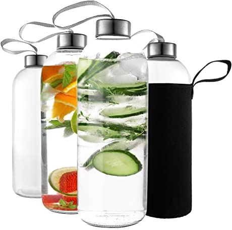 Kitchen Lux 32 oz Glass Water Bottle Set of 4 - Reusable, Eco-Friendly, Airtight, Leak Proof Bottles for Travel
