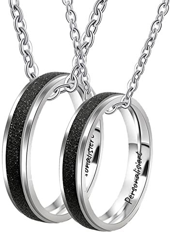 KnSam Partnerketten für Paare 2pcs, Edelstahl Anhänger Ringe 4mm Matte Kette Pärchen Silber Schwarz, Herrenkette 60cm, Damenkette 50cm, Größe 54 & 62