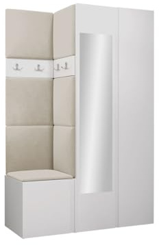 Mirjan24 Garderoben-Set Monati XXVI, Kleiderschrank mit Spiegel, Schuhschrank, 4 Doppelhaken, Kleiderhakenbrett, Gepolstertes Paneel/Wandpaneel, Flurgarderobe Wandgarderobe (Weiß, Manila 02)