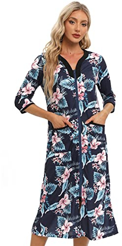 Verve Jelly Women's Zipper Robes 3/4 Sleeve Floral Print Bathrobe Lightweight Housecoats with Pockets Ladies Loungewear