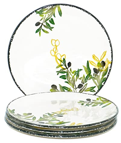 Lashuma Keramik Teller Set Olive grün, bemalte Essteller 4er Set rund Ø 25 cm