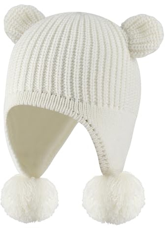 KAKU NANU Dryck Mössa Vinter 6-4 år Pompons Varm Öra Kepsar,Mössa med Öron Dricka Flicka Pojke Vit Rosa Grå Blå, Beige, 2-4 år