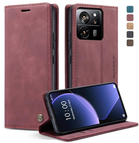 KZB Handyhülle für Xiaomi 13T / Xiaomi 13T Pro Hülle Premium Lederhülle Klappbar Flip Case Tasche Magnet Kartenfach Standfunktion Klapphülle Schutzhülle für Xiaomi 13T/ 13T Pro - Weinrot